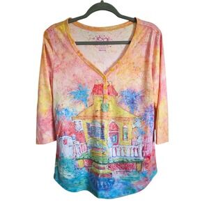 Leoma‎ Lovegrove M Artistic House Print 3/4 Sleeve V Neck Button Henley Top NEW